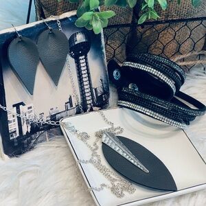 Set of Leather Boho Jewelry - Necklace, Bracelets, Pair of Earrings